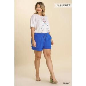 Umgee Linen Blend Elastic Waist Shorts (XL, 1X, 2X)